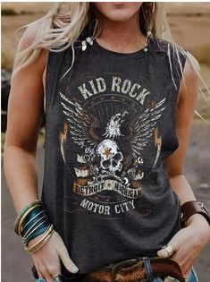 Show off your love for Kid Rock with this skeleton eagle print tank top! Perfect for warm weather, this tank top keeps you cool and comfortable. Add a touch of edgy style to your outfit and be ready for any summer jam. Color: Dark Gray Size: L (8/10) Material: 65% Cotton, 35% Poly Care: Hand wash Geometric Leopard, Sweet Clothes, Keyhole Neck, Kid Rock, Boho Shirts, Casual Vest, Summer Style Casual, Rock Roll, Sleeveless Tshirt