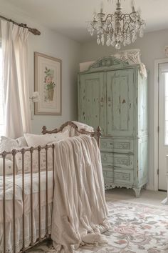 a baby's room with a crib, dresser and chandelier in it