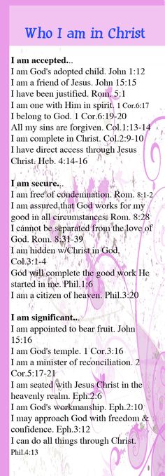 a pink and white poster with the words who i am in christ