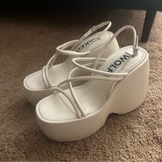 Size Women’s 9 Brand New Purchased For My Bachelorette But Just Realized They’re A Size Too Big Brand New In Box White Leather Wedge Sandals For Party, White Wedge Sandals With Sculpted Heel, White Wedge Heel Sandals With Sculpted Design, White Wedge Heel Sandals With Sculpted Heel, Naked Wolfe Shoes, Naked Wolfe, White Platform Sandals, White Platform, Platform Sandals