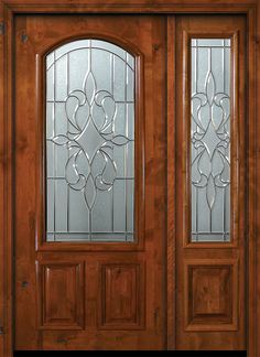 a wooden door with two glass panels