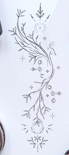 a drawing of a tree with leaves and flowers on it