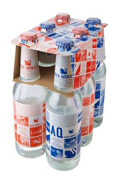 six bottles of water are stacked on top of each other in an open cardboard box