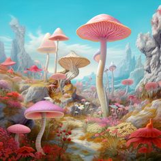 a painting of many different types of mushrooms