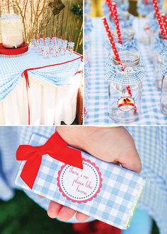 a collage of photos with mason jars and paper straws on the table top