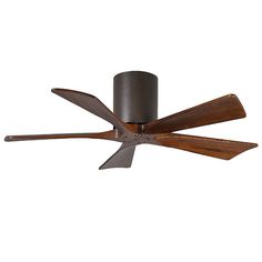 a ceiling fan with three wooden blades on it's blades and two dark wood blades