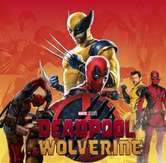 deadpool wolverine logo with the characters in front of it and an orange background that says deadpool wolverine