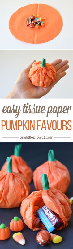 an easy tissue paper pumpkin craft for kids to make it looks like they are holding candy