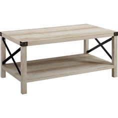 a white coffee table with black legs and a wooden shelf on the bottom that has an x design