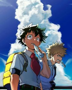 two young men standing next to each other in front of a blue sky with clouds