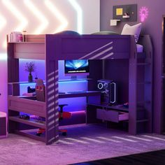 a purple loft bed with desk and computer on it in a room filled with furniture