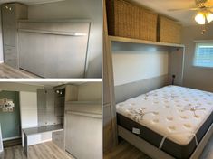 two pictures show the inside of a bedroom and an open closet with mattresses in it