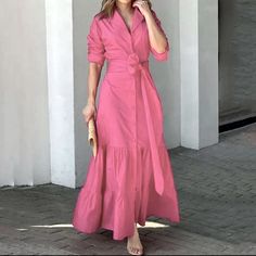 Women Maxi Dress Fashion Elegant Long Sleeve Lapel Lace Up Nipped Waist Pleated Solid Color Dresses High Streetwear Belted Long Dress, Female Clothes Outfits, Pink Dress Casual, Vibrant Style, Cotton Linen Dresses, Solid Color Dress, Cardigan Long, Ruffled Maxi Dress, Effortless Elegance