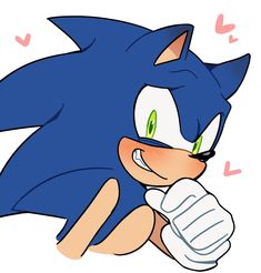 an image of sonic the hedge character with green eyes and white gloved hand in front of his face