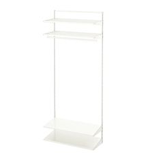 a white shelf with two shelves on each side and one shelf above it, against a white background