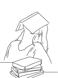 a black and white drawing of a person with a graduation cap on top of books