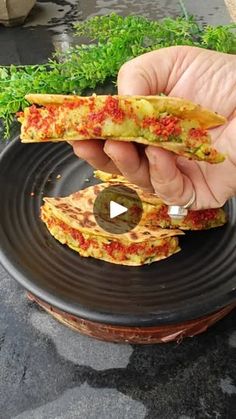 someone is holding an omelette on a black plate in front of some plants