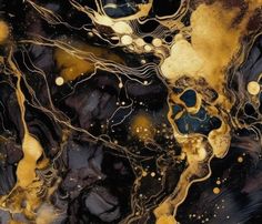 an abstract painting with gold and black colors