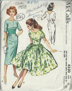 ✦ Circa:    1958 ✦ Details:  TWO-STYLE VARIATION DRESS ✦ Size/Measurements(Inches):     ~ Size:  14     ~ Bust: 34″     ~ Waist:  26″    ~ Hip:  36″ ~ Please Note: ~ You are buying a 'Professional Reproduced' copy of this sewing pattern. Copied from the original sewing pattern. Produced in Full Scale Pattern Pieces ready to cut with full instructions included. Reproduced on high quality 50 gm paper with black ink, durable and easier for reuse. Printed by a Professional Printing Company.   ~ With this product comes an accompanying 'Booklet' and inside the Booklet it includes: ~ A 2-page Instructions and Illustrations on 'How to Adjust Your pattern to your Personal Measurement.' ~ Personal Measurement Chart ~ Body Form Illustrations ~ Fitting Checklist ~ Metric Equivalency Chart ~ Note Pages 40's Fashion, Junior Dress, Vintage Vogue Sewing Patterns, Patron Vintage, Skirt Sewing, Vintage Dress Patterns, Fashion 1950s, Century Clothing, 50 Style