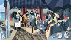 a painting of people drinking coffee and talking on their cell phones at an outdoor cafe