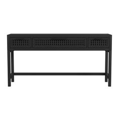 a black console table with two drawers on one side and perforated design on the other