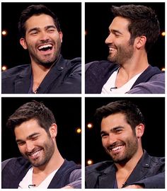 four different pictures of a man laughing and making funny faces on the set of an episode