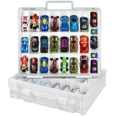 a plastic storage box filled with lots of toy cars