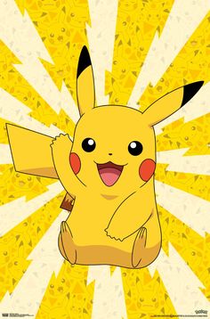 a cartoon pikachu sitting on top of a yellow background