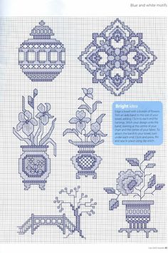 cross - stitch patterns for vases and flowers are shown in the book's page