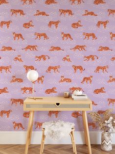 Mock up of Tiger Meadow- Purple Wallpaper perfect for a nursery or playroom space. Wallpaper In Home Office, Abstract Shapes Wallpaper, Meadow Wallpaper, Shapes Wallpaper, How To Install Wallpaper, Powder Bath, Wallpaper Calculator, High Quality Wallpapers, Adhesive Wallpaper