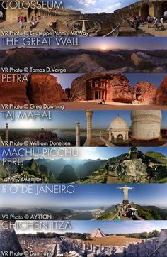 the seven wonders of the ancient world, including mountains and buildings in different directions with caption text below