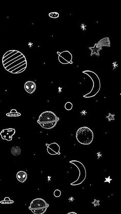 black and white drawing of planets in the sky