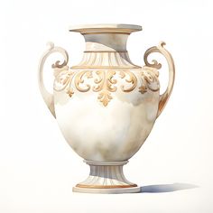 an ornate white vase with gold decoration on the top and sides, sitting in front of a white background