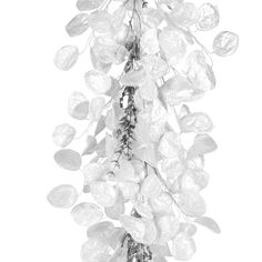 a bunch of white flowers hanging from the ceiling