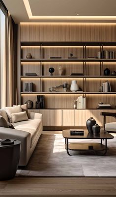 a modern living room with wooden shelves and furniture