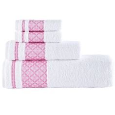 three towels stacked on top of each other in pink and white colors, one is folded up