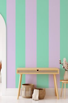 Image of Soft Stripes Pastell Wallpaper from Happywall.com Toddler Bedroom Makeover, Playhouse Interior, Feature Wall Design, Kids Room Murals, Purple Bedrooms, Room Wall Painting, Striped Room, Bright Homes