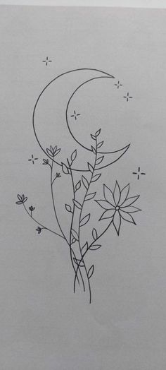 a black and white drawing of flowers with the moon in the sky behind them on paper