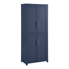 a tall blue cabinet with two doors