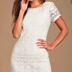 Lulus White Lace Shift Dress When Gold Zipper Detail On Back. New With Tags! Perfect For Engagement Party, Bridal Shower, Rehearsal Dinner, Or Wedding. Cute White Dress, Shop White Dresses, White Dresses For Women, White Short Dress, Long Sleeve Print Dress, Lace Bodycon Dress, Lace Shift Dress, Little White Dresses