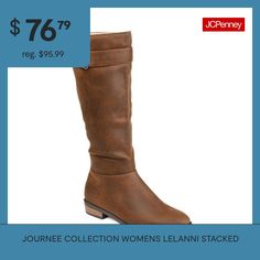 Freshen up your boot collection with the Lelanni by Journee Collection. This mix-and-matchable almond-toe boot features soft vegan leather and an inside zipper for ease of access. A low-block heel paired with a 4 mm true comfort foam insole offers the perfect amount of cushion to your step, and a strap detail tops the look.Features: Cushioned, ComfortClosure Type: ZipperFootwear Technology: Memory Foam InsoleShaft Circumference: 15 InchesBoot Shaft Height: 14 InchesShoe Heel Height: 1 1/2 Inche… Riding Boots Brown, Almond Toe Boots, Boot Collection, Brown Riding Boots, Wide Calf Boots, Low Block Heels, Perfect Wardrobe, Wide Calf, Boots Brown