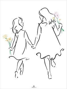 two girls holding hands with flowers in their hand, one girl is holding the other's hand