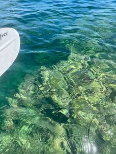 a white surfboard floating in clear blue water