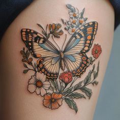 Radiant Back Of Thigh Tattoo Tattoo Design Kit Detailed Butterfly Tattoo Design, Non Floral Shoulder Tattoos For Women, Wildflower Butterfly Tattoo, Bouquet Tattoo Thigh, Floral Line Tattoo, Top Of Shoulder Tattoos For Women, Butterfly Tattoo Thigh, Floral Tattoo Stencil, Back Of Calf Tattoo