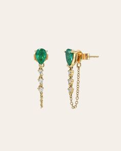 Emerald Pear & Diamond Drop Chain Stud Earring - Zoe Lev Jewelry Angeles, Pear Earrings, Diamond Chain, Hand Chain, Pear Diamond, Diamond Carat, Emerald Earrings, Diamond Drops, Hanging Earrings