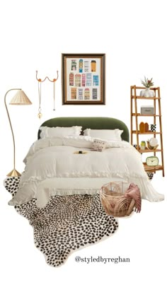 the bedroom is decorated in white and green tones, with leopard print rugs on the floor