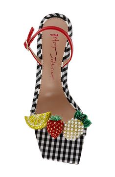 Sparkling fruit embellishments pop on a kitten-heel sandal complete with a graceful slingback strap. 2" heel Adjustable slingback strap with buckle closure Synthetic upper, lining and sole Imported Sandals 2024 Trends, Aesthetic Sandals, Kitty Heels, Beaded Heels, Women Shoes Heels, Fruit Fashion, Kitten Heel Sandals, Girly Shoes, Shoe Inspo