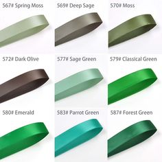 various colors of satin ribbon for sewing and other crafting projects, including green, gray,