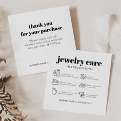 two cards with the words jewelry care written on them