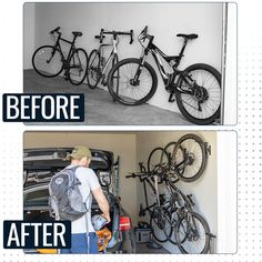 there are three bikes in the garage before and after they were fixed to the wall